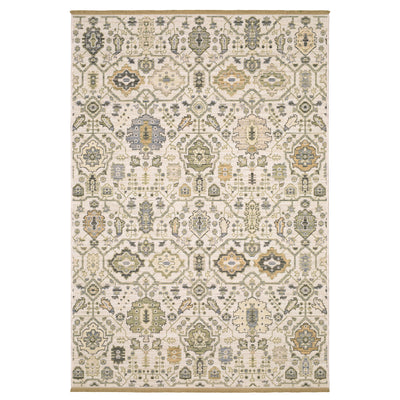 Acacia ACA16 Ivory/Gold elegant traditional area rug with refined ivory and gold palette, subtle accent colors, and cotton fringe.