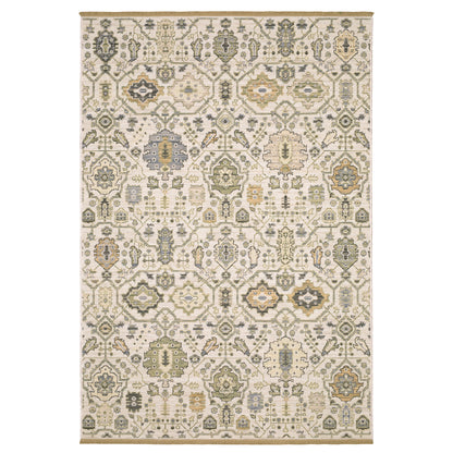 Acacia ACA16 Ivory/Gold elegant traditional area rug with refined ivory and gold palette, subtle accent colors, and cotton fringe.