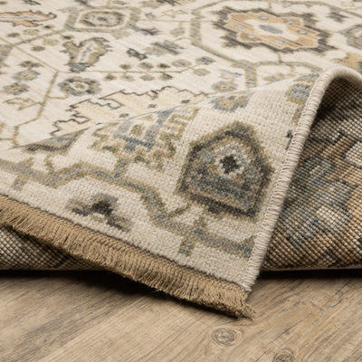 Acacia ACA16 Ivory/Gold elegant traditional area rug with refined ivory and gold palette, subtle accent colors, and cotton fringe.
