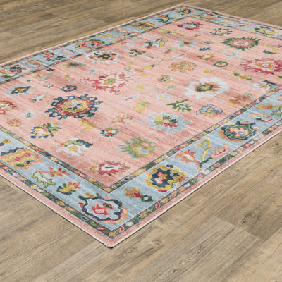 Addison ADD01 Pink/Blue Area Rug, washable pink, blue area rug with printed Oushak-inspired design and low-profile construction.