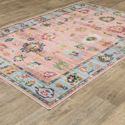 Addison ADD01 Pink/Blue Area Rug, washable pink, blue area rug with printed Oushak-inspired design and low-profile construction.