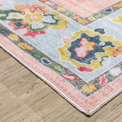 Addison ADD01 Pink/Blue Area Rug, washable pink, blue area rug with printed Oushak-inspired design and low-profile construction.