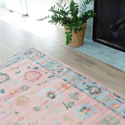 Addison ADD01 Pink/Blue Area Rug, washable pink, blue area rug with printed Oushak-inspired design and low-profile construction.