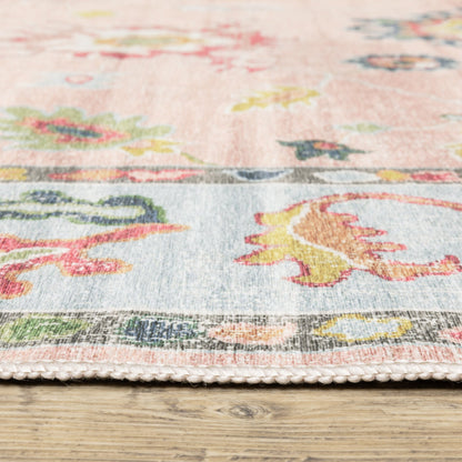 Addison ADD01 Pink/Blue Area Rug, washable pink, blue area rug with printed Oushak-inspired design and low-profile construction.