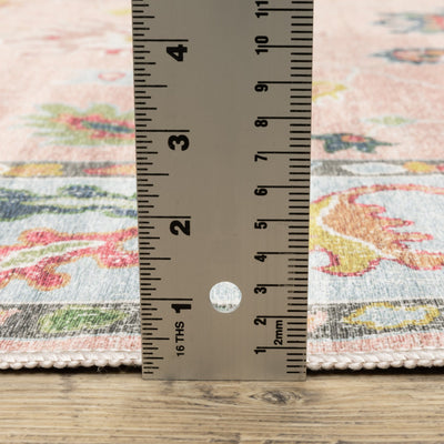 Addison ADD01 Pink/Blue Area Rug, washable pink, blue area rug with printed Oushak-inspired design and low-profile construction.