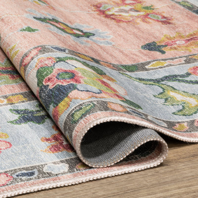 Addison ADD01 Pink/Blue Area Rug, washable pink, blue area rug with printed Oushak-inspired design and low-profile construction.