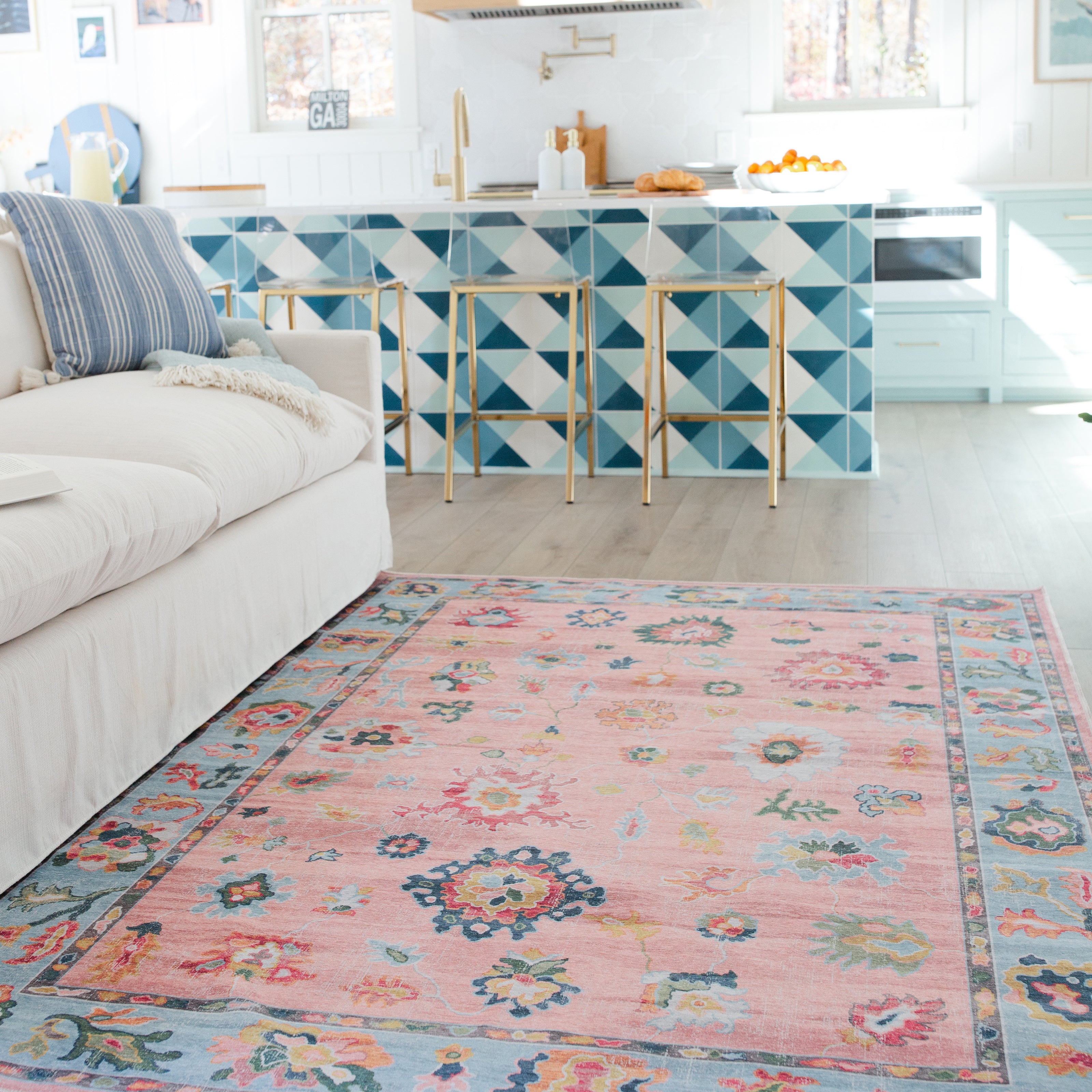 Addison ADD01 Pink/Blue Area Rug, washable pink, blue area rug with printed Oushak-inspired design and low-profile construction.