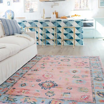 Addison ADD01 Pink/Blue Area Rug, washable pink, blue area rug with printed Oushak-inspired design and low-profile construction.