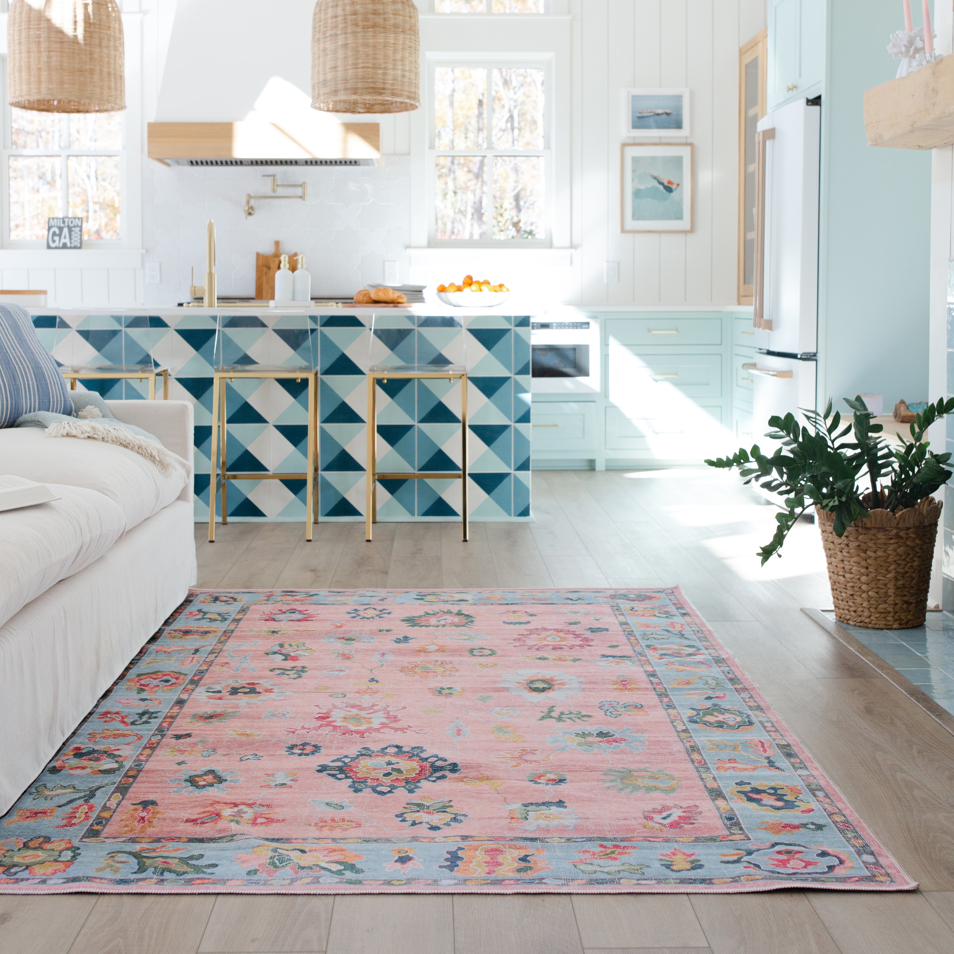 Addison ADD01 Pink/Blue Area Rug, washable pink, blue area rug with printed Oushak-inspired design and low-profile construction.
