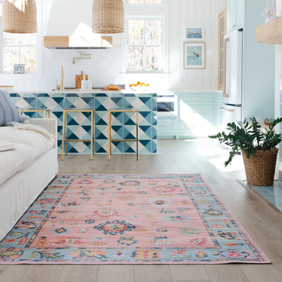 Addison ADD01 Pink/Blue Area Rug, washable pink, blue area rug with printed Oushak-inspired design and low-profile construction.