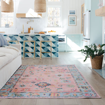 Addison ADD01 Pink/Blue Area Rug, washable pink, blue area rug with printed Oushak-inspired design and low-profile construction.