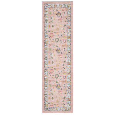 Addison ADD01 Pink/Blue Area Rug, washable pink, blue area rug with printed Oushak-inspired design and low-profile construction.