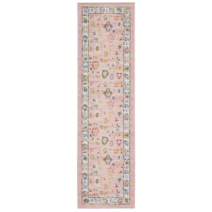 Addison ADD01 Pink/Blue Area Rug, washable pink, blue area rug with printed Oushak-inspired design and low-profile construction.
