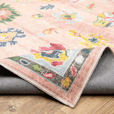Addison ADD01 Pink/Blue Area Rug, washable pink, blue area rug with printed Oushak-inspired design and low-profile construction.