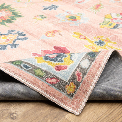 Addison ADD01 Pink/Blue Area Rug, washable pink, blue area rug with printed Oushak-inspired design and low-profile construction.