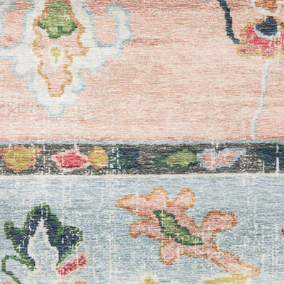 Addison ADD01 Pink/Blue Area Rug, washable pink, blue area rug with printed Oushak-inspired design and low-profile construction.