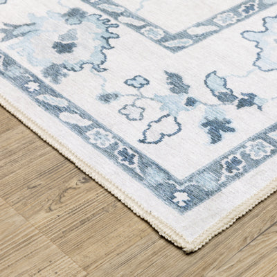 Addison ADD02 Ivory/Blue Area Rug, washable ivory blue area rug with Oushak-inspired printed detailing and low-profile surface.