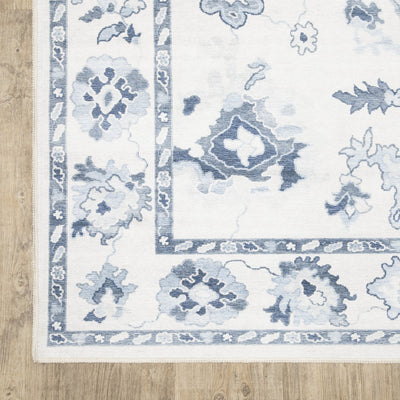 Addison ADD02 Ivory/Blue Area Rug, washable ivory blue area rug with Oushak-inspired printed detailing and low-profile surface.