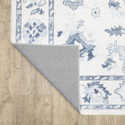 Addison ADD02 Ivory/Blue Area Rug, washable ivory blue area rug with Oushak-inspired printed detailing and low-profile surface.