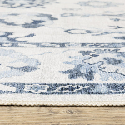 Addison ADD02 Ivory/Blue Area Rug, washable ivory blue area rug with Oushak-inspired printed detailing and low-profile surface.