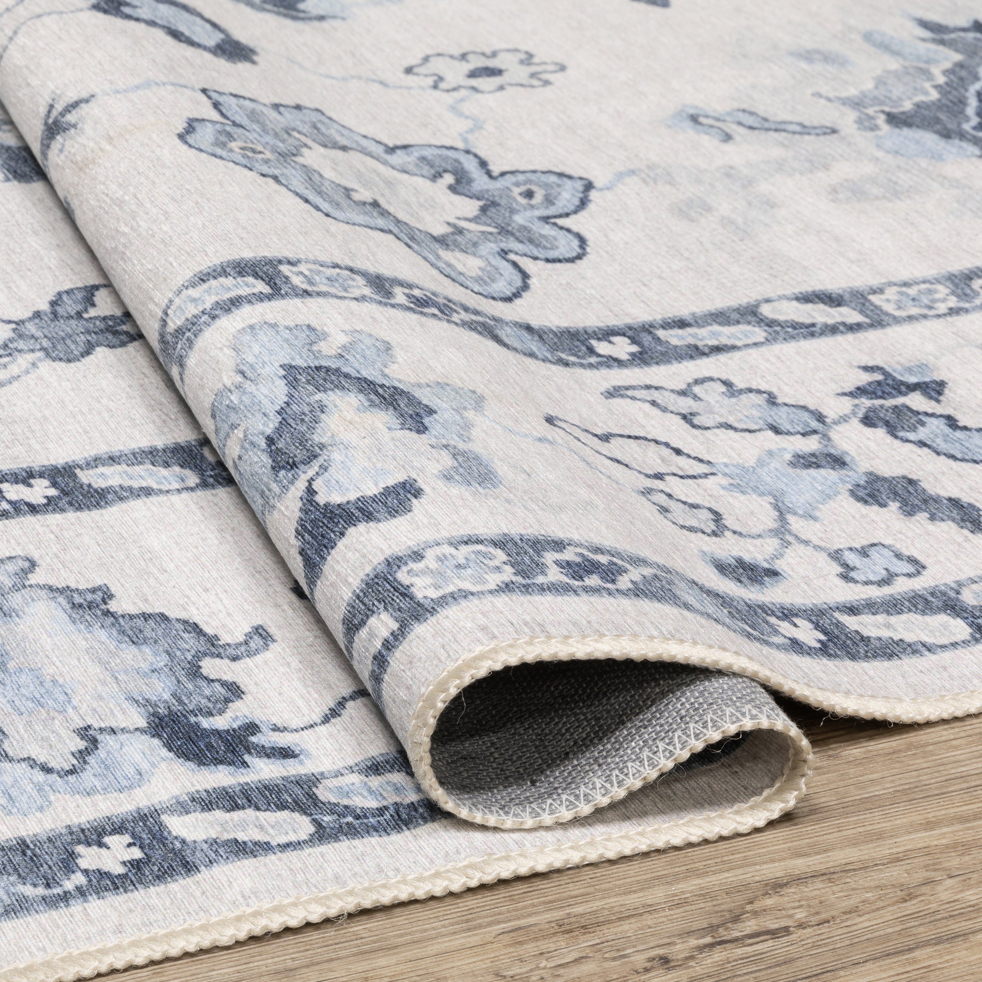 Addison ADD02 Ivory/Blue Area Rug, washable ivory blue area rug with Oushak-inspired printed detailing and low-profile surface.