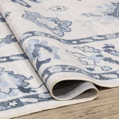 Addison ADD02 Ivory/Blue Area Rug, washable ivory blue area rug with Oushak-inspired printed detailing and low-profile surface.