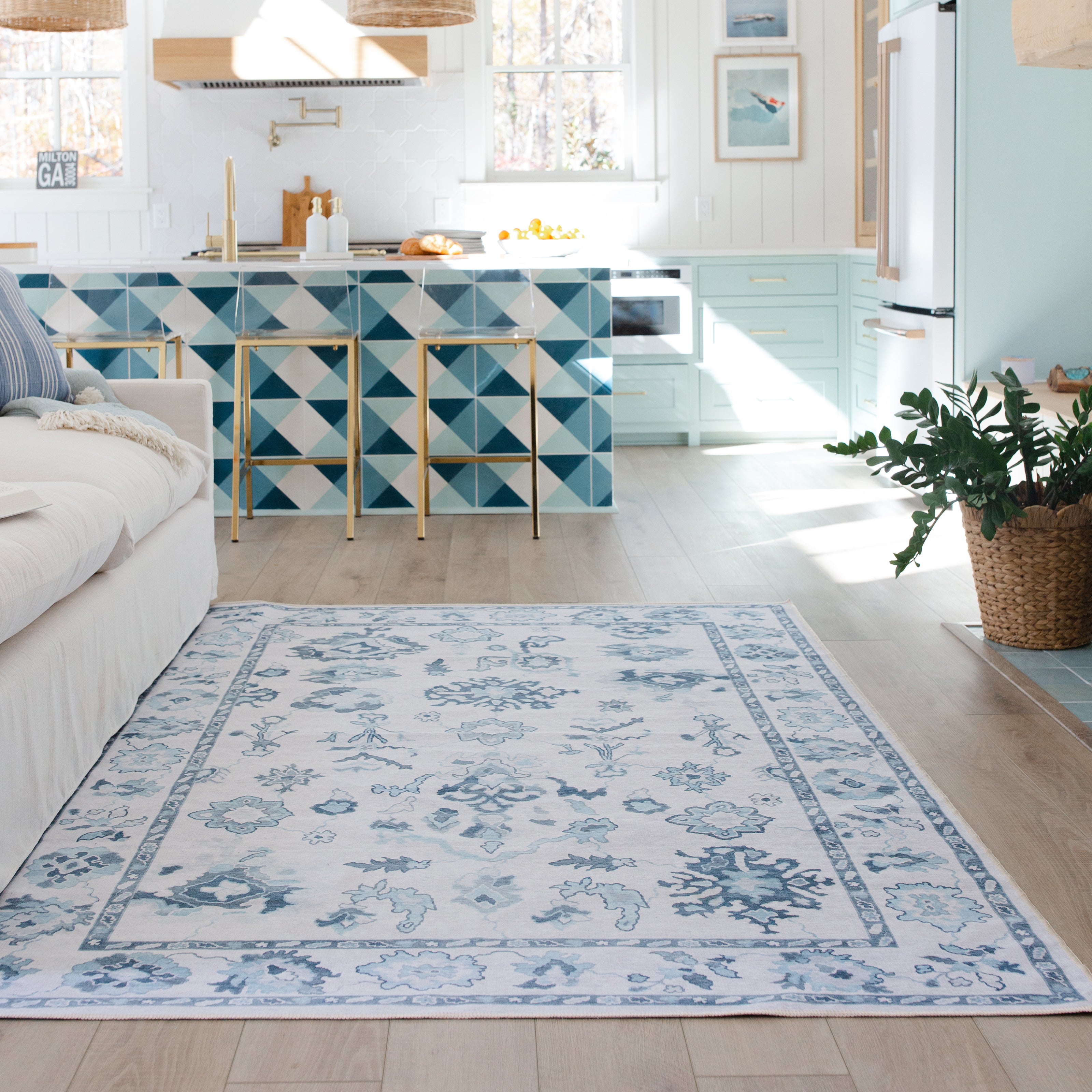 Addison ADD02 Ivory/Blue Area Rug, washable ivory blue area rug with Oushak-inspired printed detailing and low-profile surface.