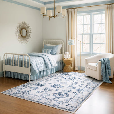 Addison ADD02 Ivory/Blue Area Rug, washable ivory blue area rug with Oushak-inspired printed detailing and low-profile surface.