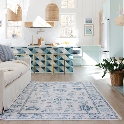Addison ADD02 Ivory/Blue Area Rug, washable ivory blue area rug with Oushak-inspired printed detailing and low-profile surface.