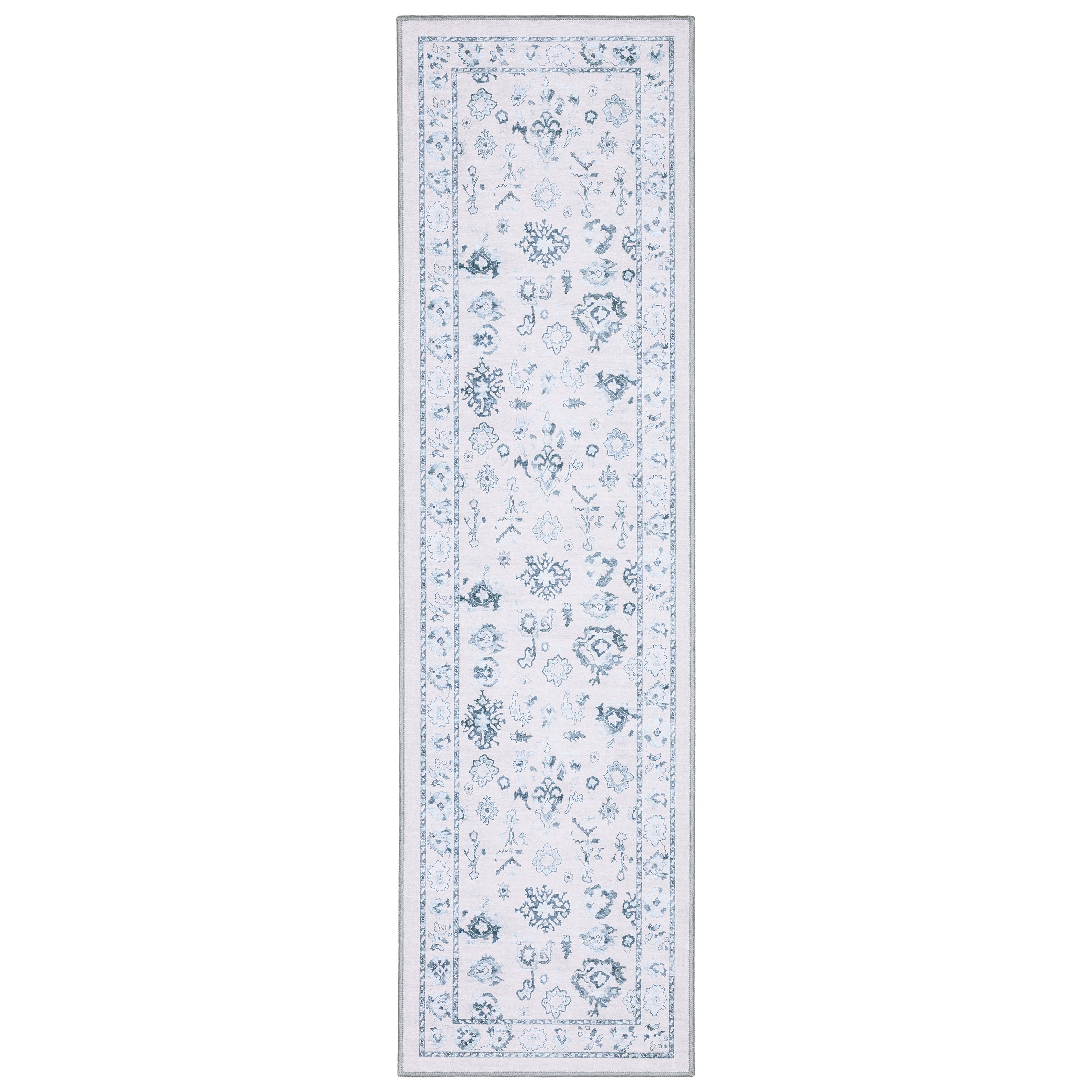 Addison ADD02 Ivory/Blue Area Rug, washable ivory blue area rug with Oushak-inspired printed detailing and low-profile surface.
