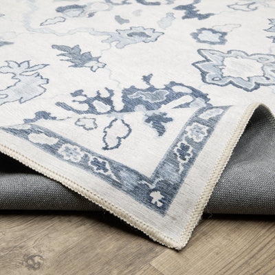 Addison ADD02 Ivory/Blue Area Rug, washable ivory blue area rug with Oushak-inspired printed detailing and low-profile surface.