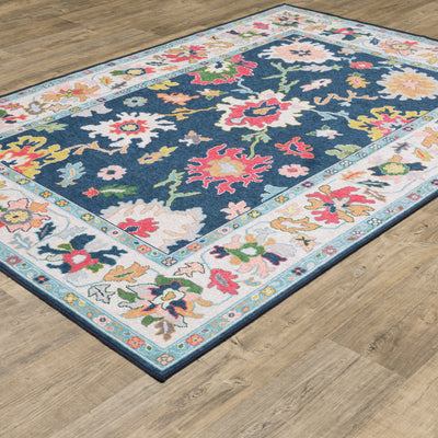 Addison ADD03 Blue/Multi Area Rug, washable Oushak-inspired blue multi area rug with printed pattern and low-profile design.