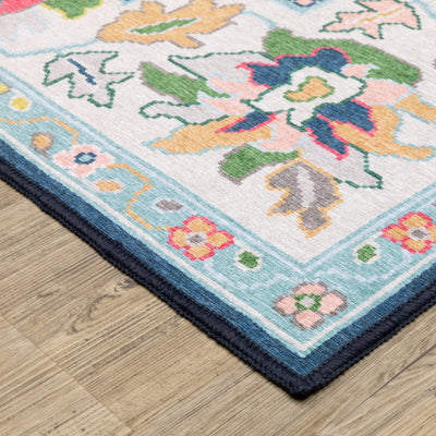 Addison ADD03 Blue/Multi Area Rug, washable Oushak-inspired blue multi area rug with printed pattern and low-profile design.