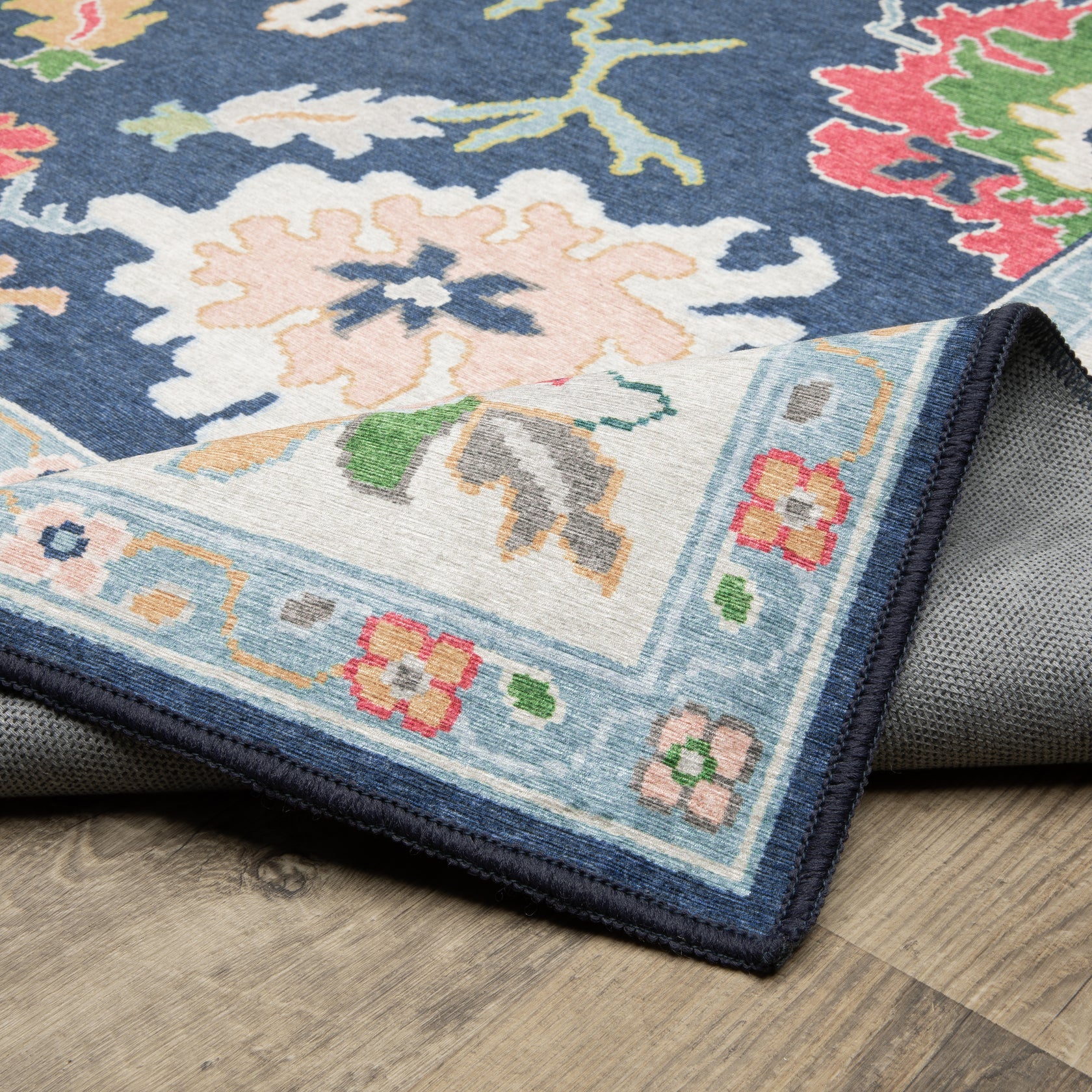 Addison ADD03 Blue/Multi Area Rug, washable Oushak-inspired blue multi area rug with printed pattern and low-profile design.