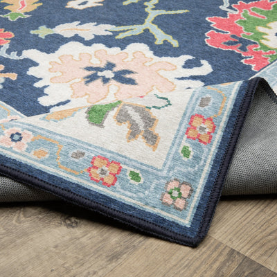 Addison ADD03 Blue/Multi Area Rug, washable Oushak-inspired blue multi area rug with printed pattern and low-profile design.