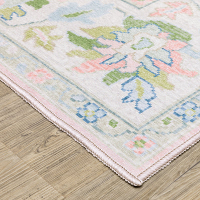 Addison ADD04 Pink/Green Area Rug, washable pink, green Oushak-style area rug with traditional printed pattern and low-profile surface.