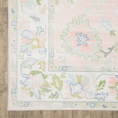 Addison ADD04 Pink/Green Area Rug, washable pink, green Oushak-style area rug with traditional printed pattern and low-profile surface.