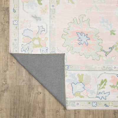 Addison ADD04 Pink/Green Area Rug, washable pink, green Oushak-style area rug with traditional printed pattern and low-profile surface.