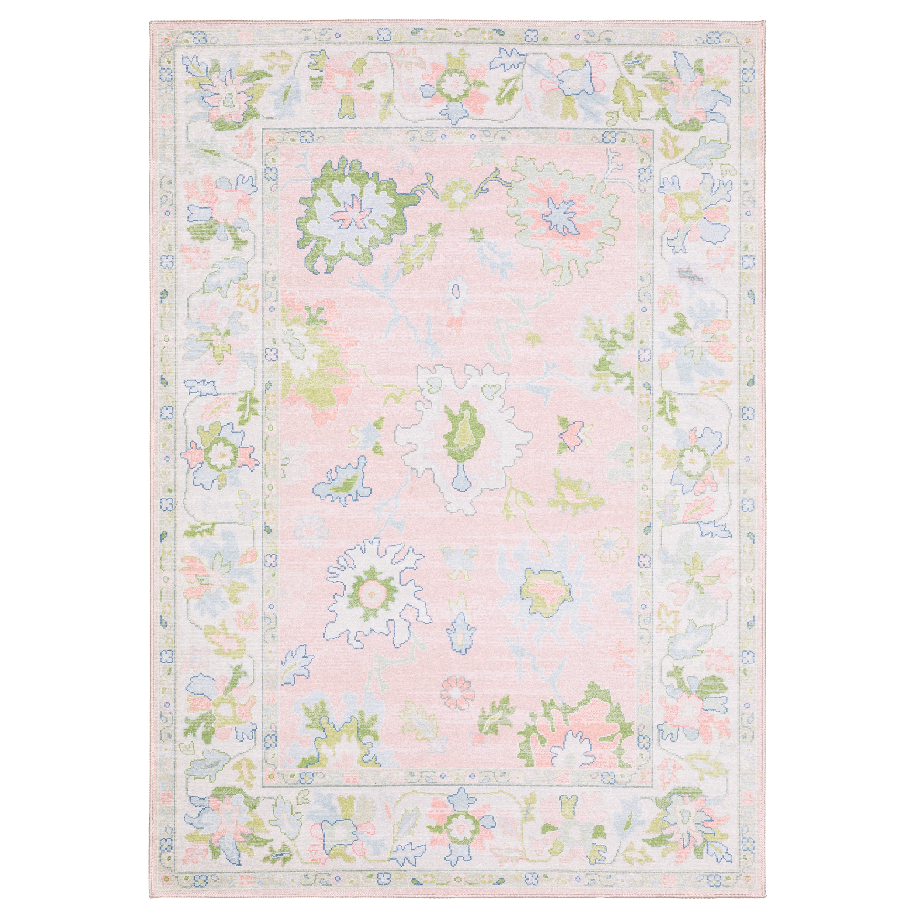 Addison ADD04 Pink/Green Area Rug, washable pink, green Oushak-style area rug with traditional printed pattern and low-profile surface.