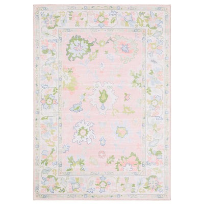 Addison ADD04 Pink/Green Area Rug, washable pink, green Oushak-style area rug with traditional printed pattern and low-profile surface.