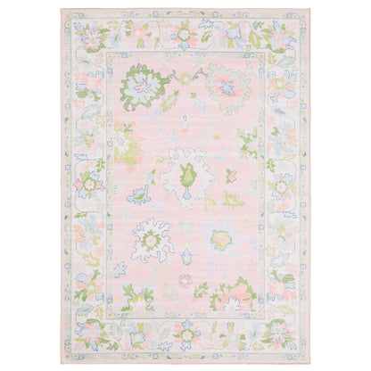Addison ADD04 Pink/Green Area Rug, washable pink, green Oushak-style area rug with traditional printed pattern and low-profile surface.