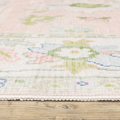 Addison ADD04 Pink/Green Area Rug, washable pink, green Oushak-style area rug with traditional printed pattern and low-profile surface.
