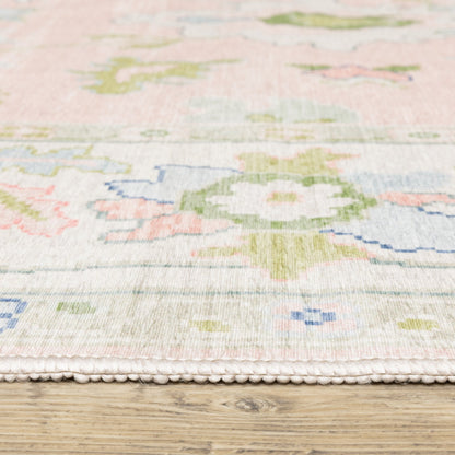 Addison ADD04 Pink/Green Area Rug, washable pink, green Oushak-style area rug with traditional printed pattern and low-profile surface.