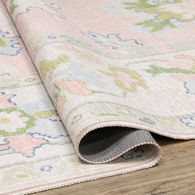 Addison ADD04 Pink/Green Area Rug, washable pink, green Oushak-style area rug with traditional printed pattern and low-profile surface.