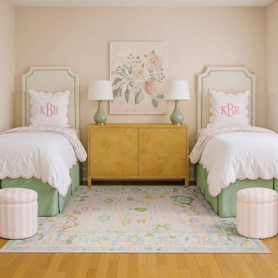 Addison ADD04 Pink/Green Area Rug, washable pink, green Oushak-style area rug with traditional printed pattern and low-profile surface.