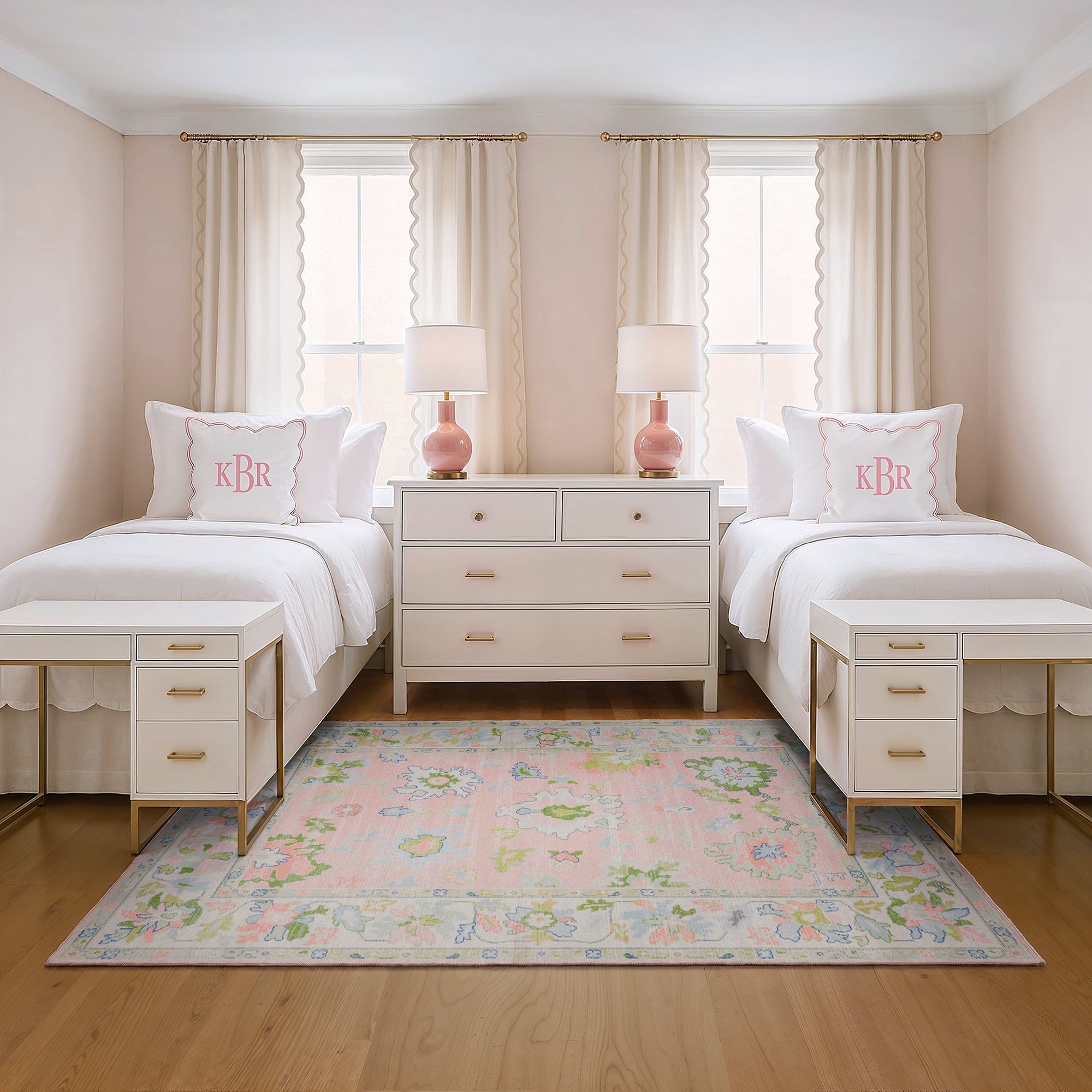Addison ADD04 Pink/Green Area Rug, washable pink, green Oushak-style area rug with traditional printed pattern and low-profile surface.