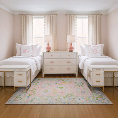 Addison ADD04 Pink/Green Area Rug, washable pink, green Oushak-style area rug with traditional printed pattern and low-profile surface.