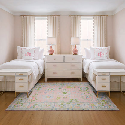 Addison ADD04 Pink/Green Area Rug, washable pink, green Oushak-style area rug with traditional printed pattern and low-profile surface.