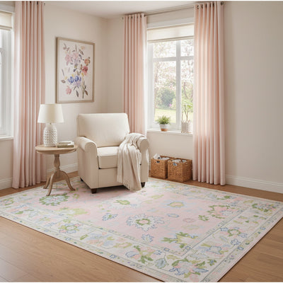 Addison ADD04 Pink/Green Area Rug, washable pink, green Oushak-style area rug with traditional printed pattern and low-profile surface.