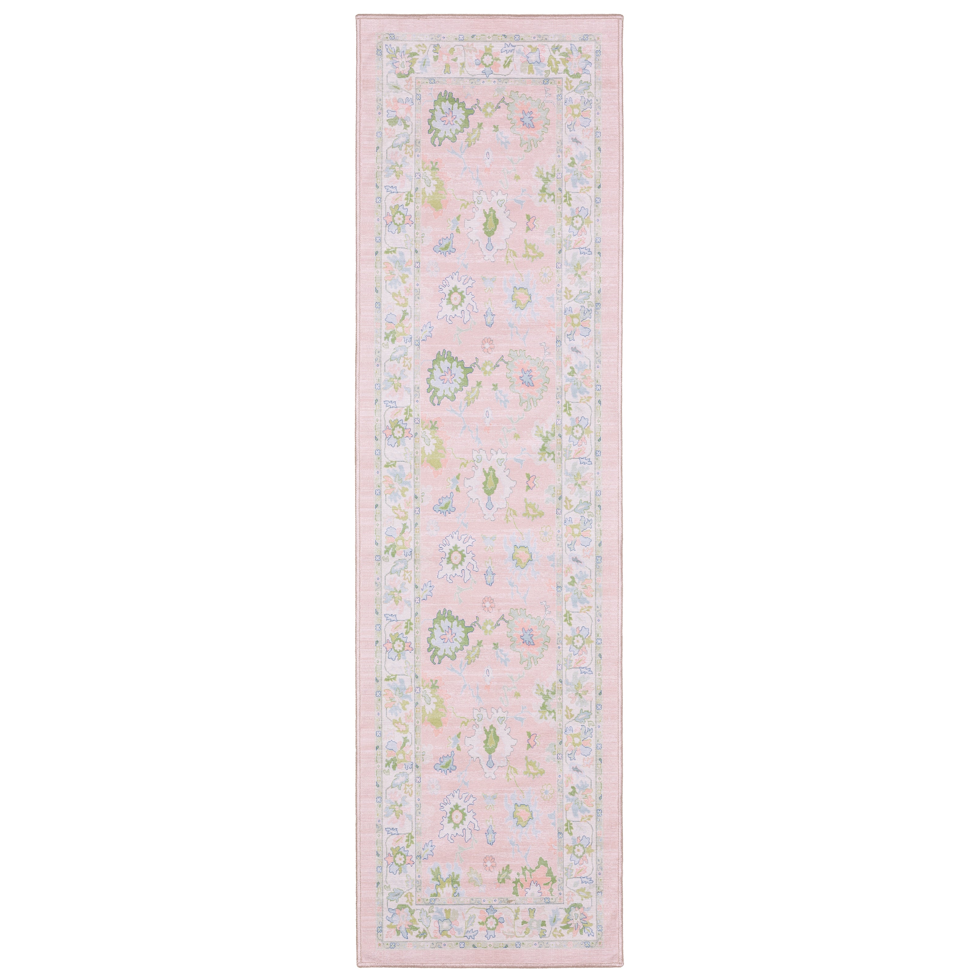 Addison ADD04 Pink/Green Area Rug, washable pink, green Oushak-style area rug with traditional printed pattern and low-profile surface.